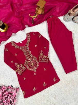 Faux Georgette Red Colour Kids Kurti Pant Dupatta Set