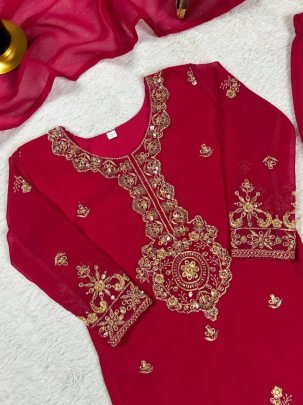 Faux Georgette Red Colour Kids Kurti Pant Dupatta Set