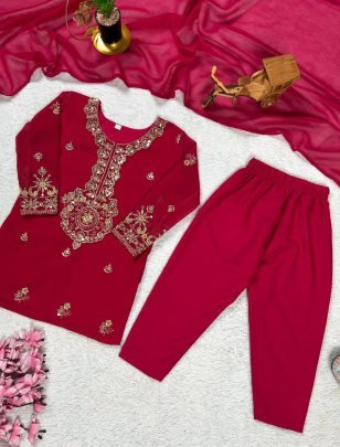 Faux Georgette Red Colour Kids Kurti Pant Dupatta Set