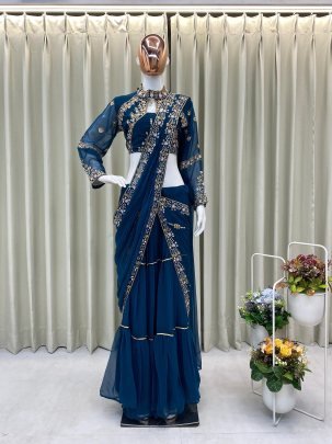 Faux Georgette Ruffle Ready To Wear Embroidery Saree