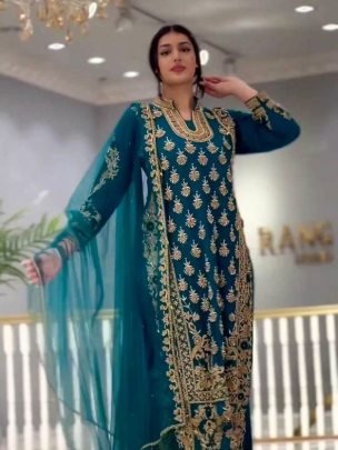 Faux Georgette Sequence Work Suit With Butter Silk Pant And Net Dupatta