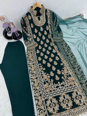 Faux Georgette Sequence Work Suit With Butter Silk Pant And Net Dupatta