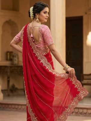 Fendy Satin Embroidered Red Saree With Fully Stitched Designer Pink Blouse
