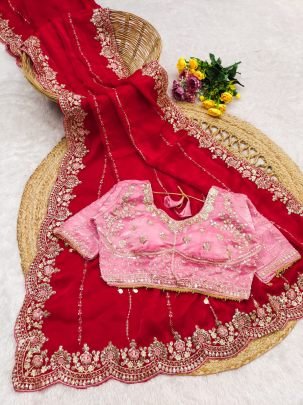 Fendy Satin Embroidered Red Saree With Fully Stitched Designer Pink Blouse