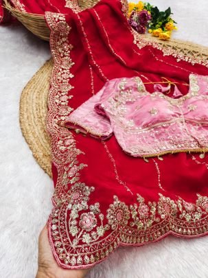 Fendy Satin Embroidered Red Saree With Fully Stitched Designer Pink Blouse