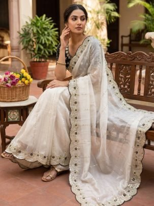 Fendy Satin Embroidered White Saree With Fully Stitched Designer Blouse