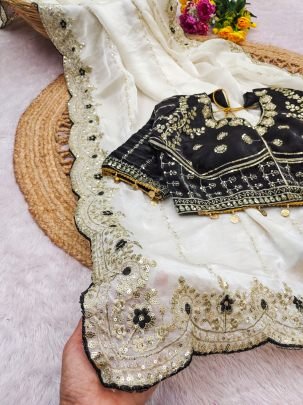 Fendy Satin Embroidered White Saree With Fully Stitched Designer Blouse