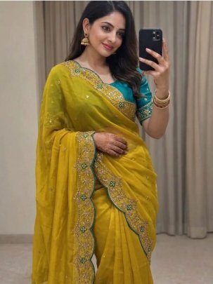 Fendy Satin Embroidered Yellow Saree With Fully Stitched Designer Blouse