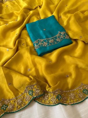 Fendy Satin Embroidered Yellow Saree With Fully Stitched Designer Blouse