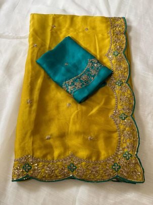 Fendy Satin Embroidered Yellow Saree With Fully Stitched Designer Blouse