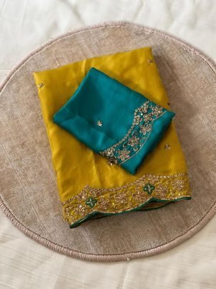 Fendy Satin Embroidered Yellow Saree With Fully Stitched Designer Blouse