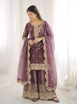 Fendy Silk Embroidered Purple Suit Paired With Palazzo And Dupatta