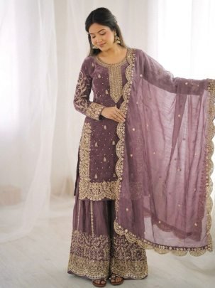 Fendy Silk Embroidered Purple Suit Paired With Palazzo And Dupatta