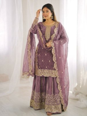 Fendy Silk Embroidered Purple Suit Paired With Palazzo And Dupatta