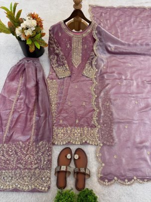 Fendy Silk Embroidered Purple Suit Paired With Palazzo And Dupatta