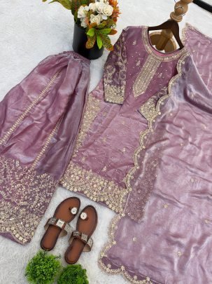 Fendy Silk Embroidered Purple Suit Paired With Palazzo And Dupatta
