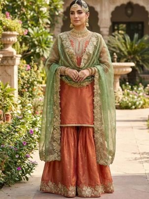 Fendy Silk Fabric Rust Orange Colour Gharara Suit