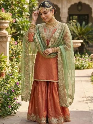 Fendy Silk Fabric Rust Orange Colour Gharara Suit