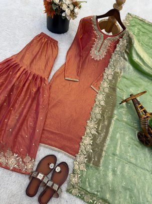 Fendy Silk Fabric Rust Orange Colour Gharara Suit