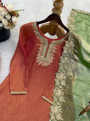 Fendy Silk Fabric Rust Orange Colour Gharara Suit