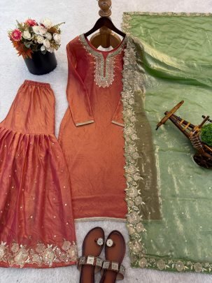 Fendy Silk Fabric Rust Orange Colour Gharara Suit