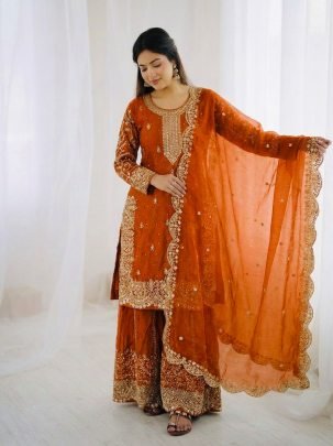 Fendy Silk Orange Embroidered Suit