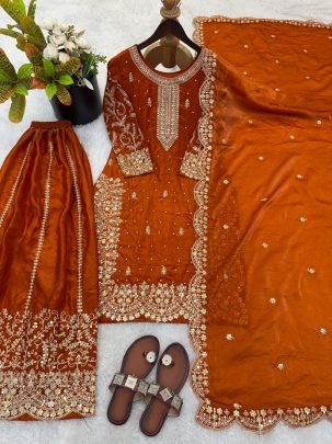 Fendy Silk Orange Embroidered Suit