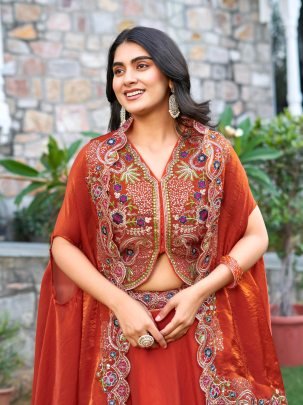 Festive Carnival Orange Wedding Lehenga Choli