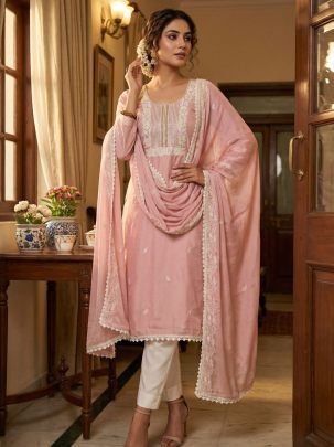 Festive Peach Embroidered Kurti Pant Set