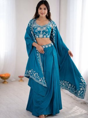 Festive Teal Dhoti Style Co-Ord Set With Shrug