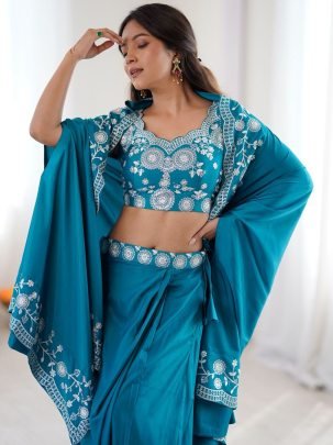 Festive Teal Dhoti Style Co-Ord Set With Shrug