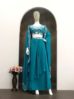Festive Teal Dhoti Style Co-Ord Set With Shrug