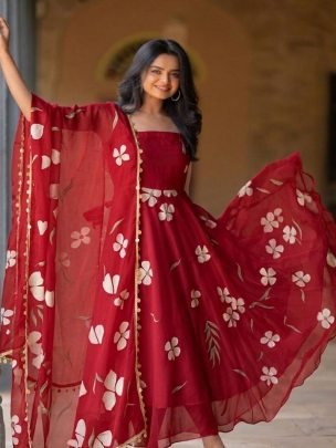 Festive Wear Hot Red Colour  Anarkali  Suit