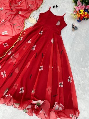 Festive Wear Hot Red Colour  Anarkali  Suit