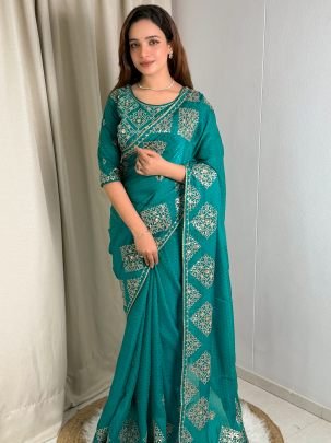 Festive Wear Rama Color Satin Saree