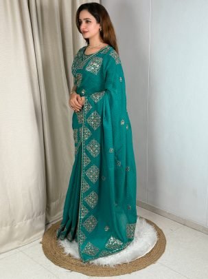 Festive Wear Rama Color Satin Saree