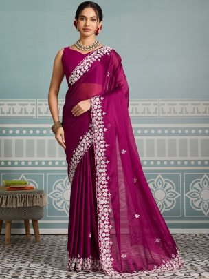 Festive Wear Rani Colour Saree With Embroidery Work 