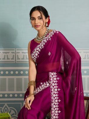 Festive Wear Rani Colour Saree With Embroidery Work