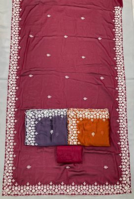 Festive Wear Rani Colour Saree With Embroidery Work