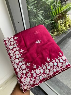 Festive Wear Rani Colour Saree With Embroidery Work