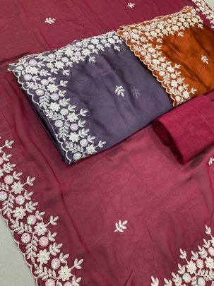 Festive Wear Rani Colour Saree With Embroidery Work