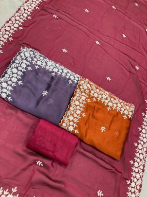 Festive Wear Rani Colour Saree With Embroidery Work