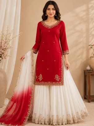 Festive Wear Red Colour Palazzo Suit