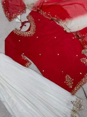 Festive Wear Red Colour Palazzo Suit