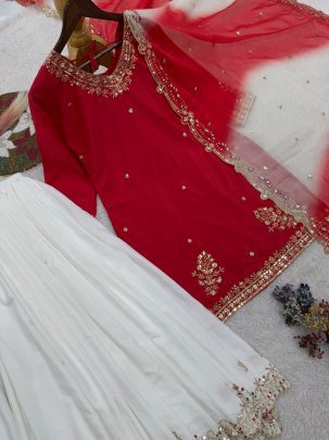 Festive Wear Red Colour Palazzo Suit