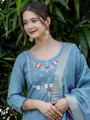 Firoji  Colour Embroidered Work Ready Made Suit