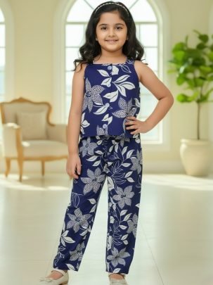 Floral Print Dark Blue Colour  Kids Co Ord Set