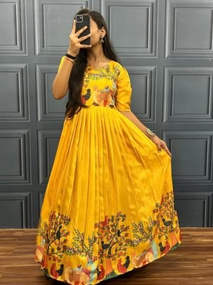 Floral Print Dark Yellow  Colour Gown
