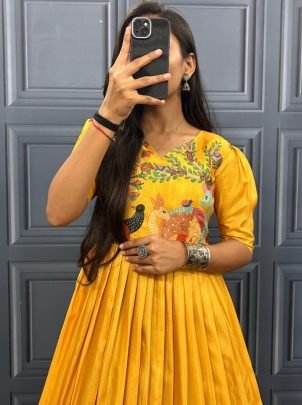 Floral Print Dark Yellow  Colour Gown