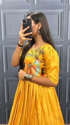 Floral Print Dark Yellow  Colour Gown